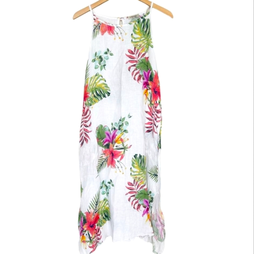 Lungo L'Arno 100% Linen Tropical Floral Print Dress, Size Medium